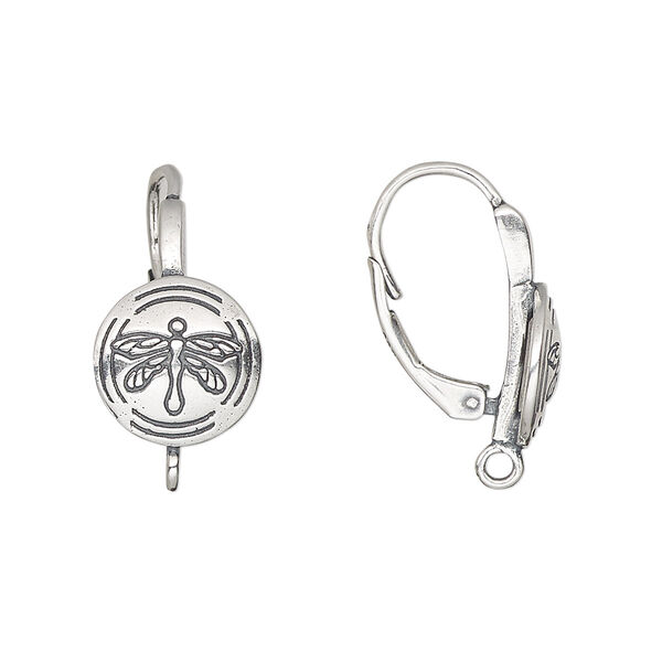 Ear wire, antiqued sterling silver, 22mm leverback with 11mm round and dragonfly design with closed loop. Sold per pair. image number 0