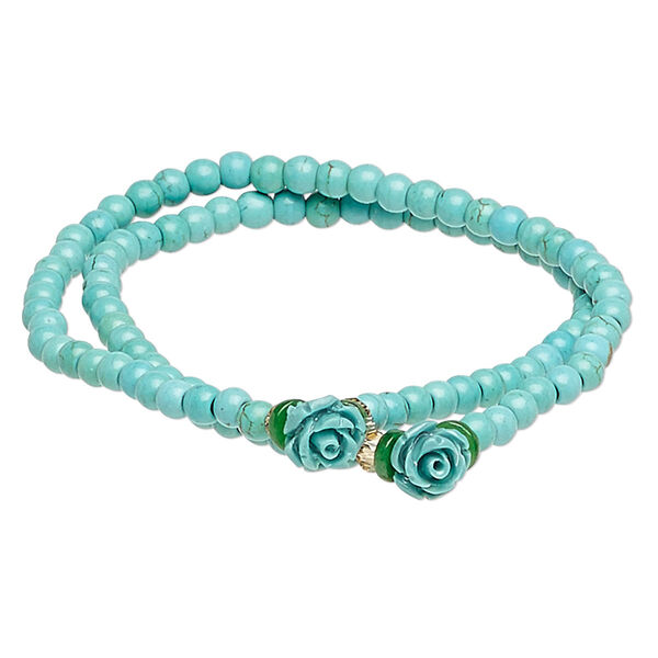 Bracelet, stretch wrap, "turquoise" (imitation) resin and / glass, turquoise blue / green / yellow, 8mm rose, 7 inches. Sold individually. image number 0