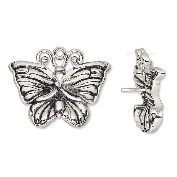Drop, antiqued silver-finished bronze, 26x20mm single-sided butterfly with post, fits 6-8mm bead. Sold individually. image number 0