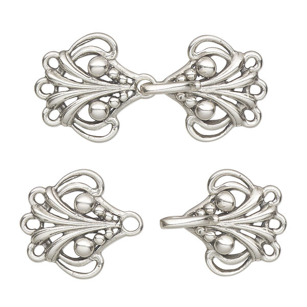 Clasp, JBB Findings, 3-strand hook-and-eye, antiqued sterling silver, 30x16mm with baroque design. Sold individually. image number 0