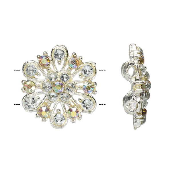 Spacer, glass rhinestone and silver plate pewter (tin-based alloy), clear and clear AB, 17mm 2-strand round flower. Sold per pkg of 2. image number 0
