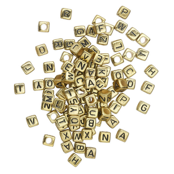 Bead mix, acrylic, opaque gold and black, 6mm cube with alphabet letters. Sold per pkg of 100. image number 1