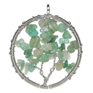 Focal, green aventurine (natural) and silver-plated brass, 55x52mm round with wire-wrapped tree design. Sold individually.