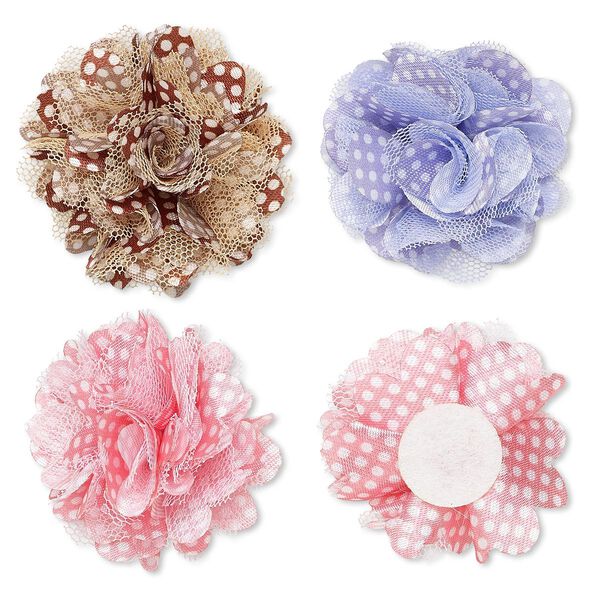 Embellishment, polyester chiffon and felt, pink / lavender / brown, 2-inch flower with white polka dots. Sold per pkg of 12. image number 0