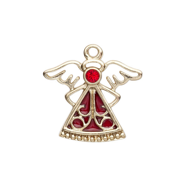Charm, enamel / crystals / gold-finished "pewter" (zinc-based alloy), light Siam and dark red, 24x19mm single-sided angel. Sold individually. image number 0