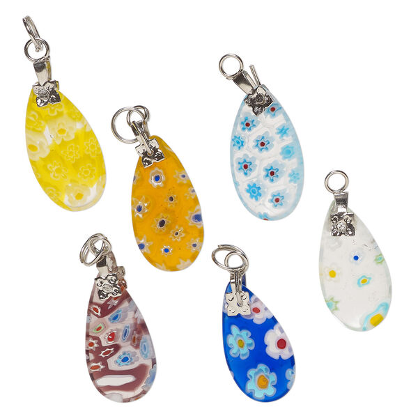 Drop mix, millefiori glass and silver-finished steel 1pkg6, translucent and transparent multicolored, 22x11mm-24x12mm puffed teardrop. image number 0