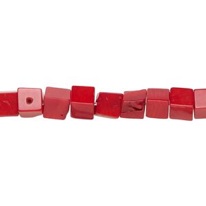 Bead, coral (dyed), red, 5x5mm hand-cut cube, Mohs hardness 3-1/2 to 4. Sold per 15-1/2" to 16" strand.