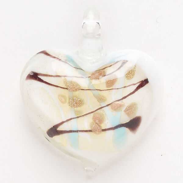 Focal, lampworked glass, pkg/1, opaque blue/white/purple with copper-colored glitter, 34x30mm-36x34mm puffed heart. image number 0