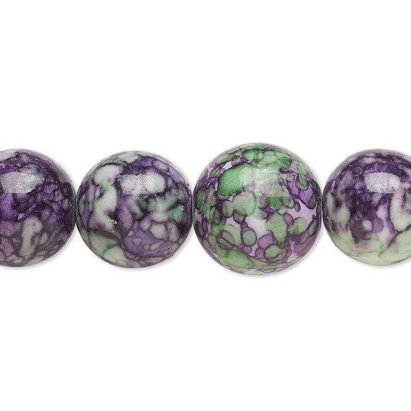 Bead, resin and painted ceramic, purple / green / white, 6-14mm graduated round. Sold per 15-1/2" to 16" strand. image number 0