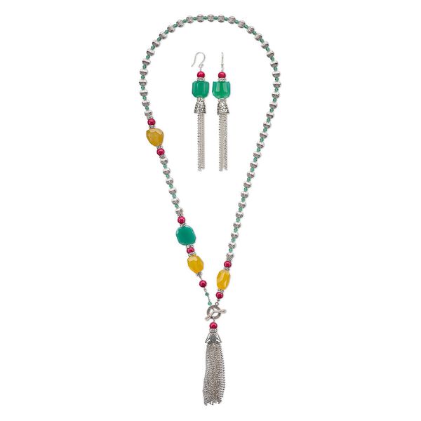 Necklace and earring set, One of a Kind Jewelry, silver-finished brass / agate (dyed) / riverstone (dyed), yellow / green / pink, 30-inch necklace. Only one available. image number 0