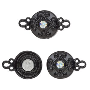 Clasp magnetic 1pkg2 "pewter" (zinc alloy), 12mm double-sided round, AB / black-finished / clear rhinestone 1-strand
