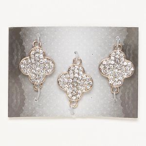 Link, glass and gold-finished "pewter" (zinc-based alloy), clear, 20x19.5mm single-sided clover. Sold per pkg of 3.