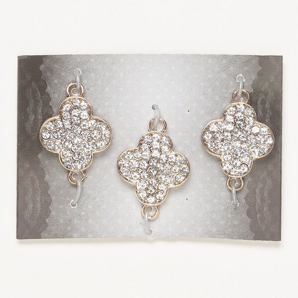 Link, glass and gold-finished "pewter" (zinc-based alloy), clear, 20x19.5mm single-sided clover. Sold per pkg of 3. image number 0