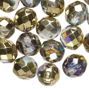 Bead, Czech fire-polished glass 1pkg30, opaque amber gold AB, 12mm faceted round.