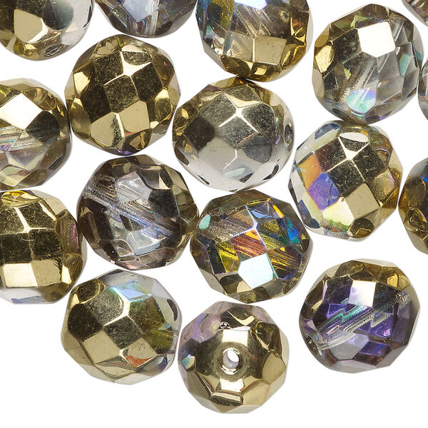 Bead, Czech fire-polished glass 1pkg30, opaque amber gold AB, 12mm faceted round. image number 0