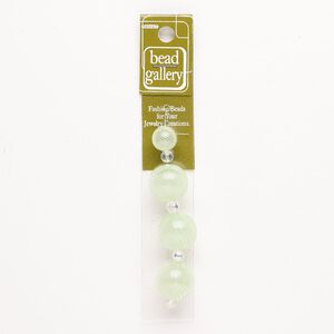Bead 1pkg4 handblown glass, 12-19mm round / line design, assortment translucent green / clear