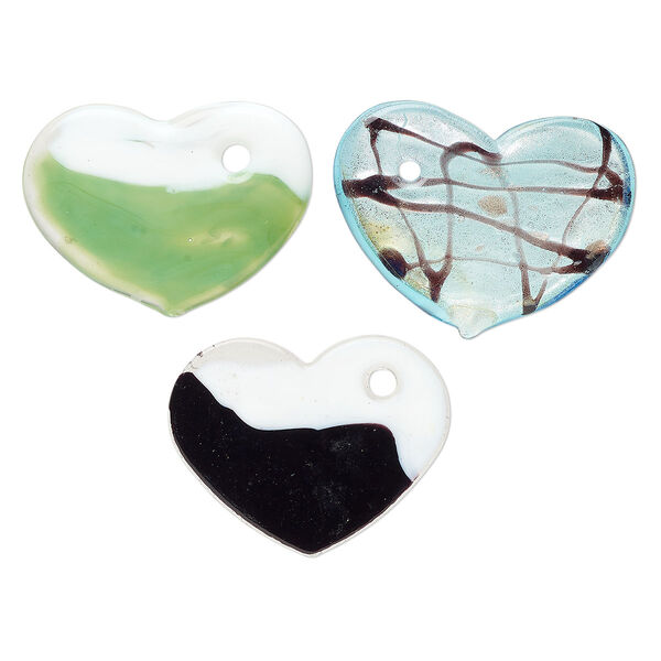 Random focal mix, lampworked glass, translucent mixed colors, 43x35mm-50x40mm flat heart with copper-colored glitter and silver-colored foil. Sold per pkg of 3. image number 0