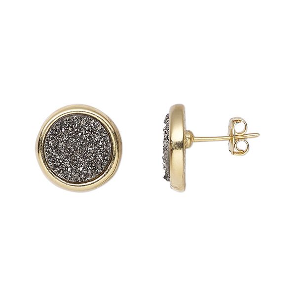 Druzy agate / brass 1pkg2, electroplated gold / 24Kt gold-plated round earstud 13mm image number 0