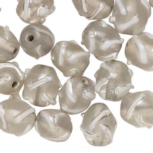 Bead, lampworked glass, translucent clear and silver, 11x9mm oval with swirl design. Sold per 2-ounce pkg, approximately 40 beads.