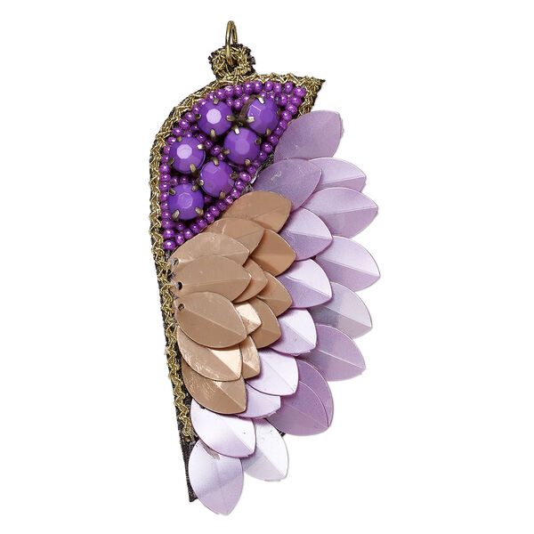 Focal, velveteen / acrylic / steel, pink, purple and gold, 3x1-2/3-inch single-sided wing. Sold individually. image number 0