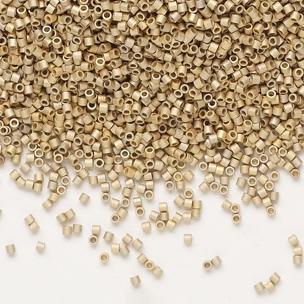 Seed bead, Delica®, glass, pkg/4g, #15 round, opaque 24Kt gold-plated matte light (DBS-0334). image number 0