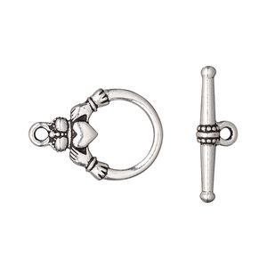 Clasp toggle 1pkg1 silver-plated pewter (tin alloy), 19x15.5mm double-sided Claddagh, antique TierraCast® 1-strand