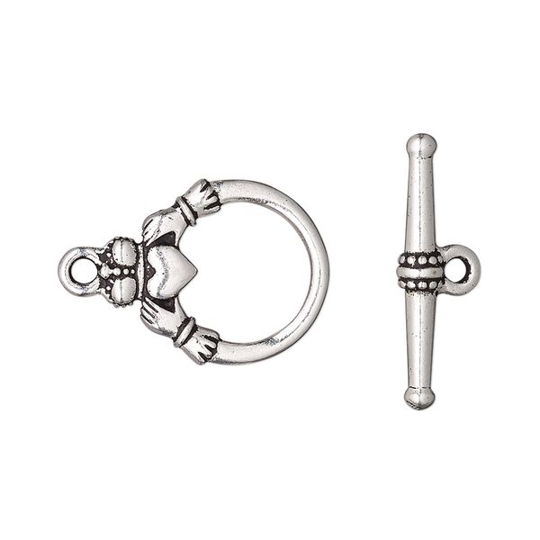 Clasp, TierraCast®, toggle, antique silver-plated "pewter" (tin-based alloy), 19x15.5mm double-sided Claddagh. Sold individually. image number 0