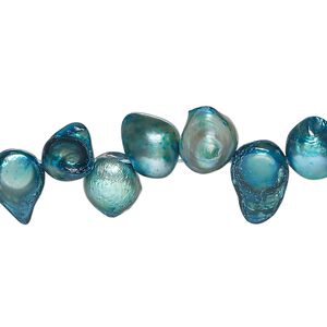 Pearl, cultured freshwater (dyed), teal blue, 7x6mm-12x9mm baroque with 0.4mm hole, D grade, Mohs hardness 2-1/2 to 4. Sold per 15-inch strand.