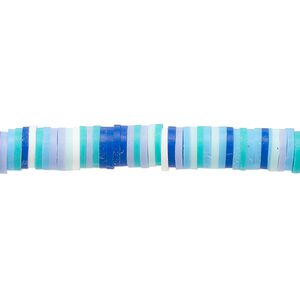 Bead, polymer clay, opaque multi-blue, 6x1.5mm heishi. Sold per pkg of (2) 16-inch strands.