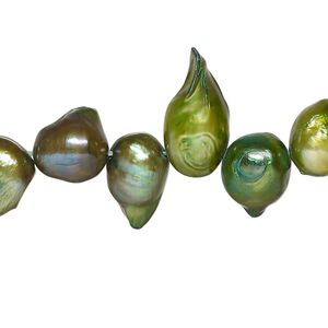 Pearl, cultured freshwater (dyed), dark yellow-green, 9x7mm-18x10mm baroque with 0.4mm hole, D grade, Mohs hardness 2-1/2 to 4. Sold per 15-inch strand.