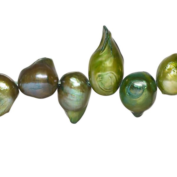 Pearl, cultured freshwater (dyed), dark yellow-green, 9x7mm-18x10mm baroque with 0.4mm hole, D grade, Mohs hardness 2-1/2 to 4. Sold per 15-inch strand. image number 0