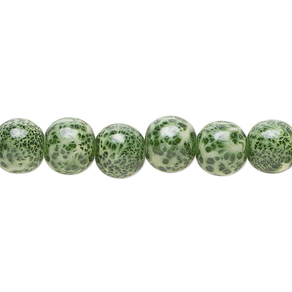 Bead, glass, opaque light green and dark green, 7-8mm round with random spotted pattern. Sold per 15-1/2" to 16" strand. image number 0