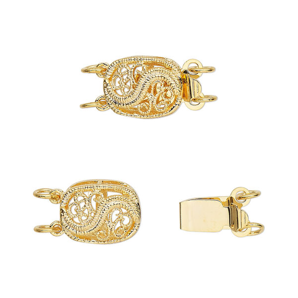 Clasp, 2-strand tab, gold-plated brass, 12x9mm swirled filigree oval. Sold per pkg of 4. image number 0