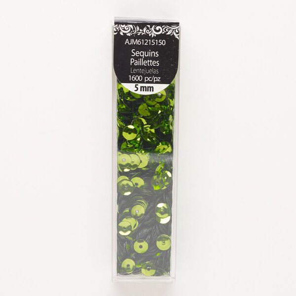 Sequin, plastic, green, 5mm round. Sold per pkg of 1,600. image number 0