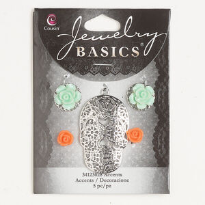 Drop assortment 1pkg5, silver-finished "pewter" (zinc-based alloy) and acrylic, teal and orange, 40x25mm filigree skull / 14mm flower / 8mm flower.