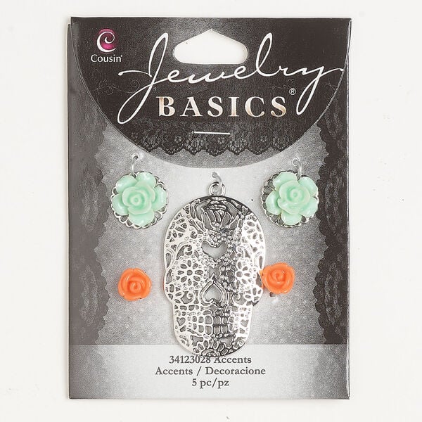 Drop assortment 1pkg5, silver-finished "pewter" (zinc-based alloy) and acrylic, teal and orange, 40x25mm filigree skull / 14mm flower / 8mm flower. image number 0