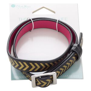 Bracelet, wrap, vinyl and silver-finished "pewter" (zinc-based alloy), black / gold / fuchsia, 10mm wide with chevron design, 17 inches. Sold individually.