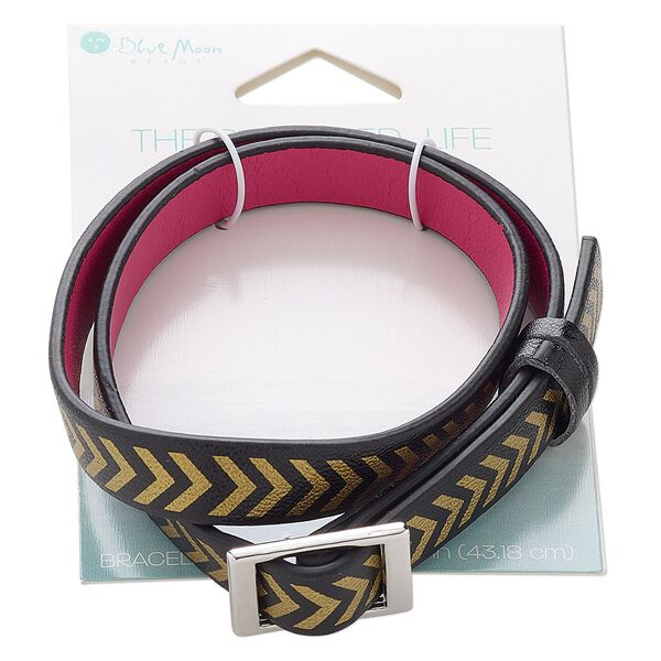 Bracelet, wrap, vinyl and silver-finished "pewter" (zinc-based alloy), black / gold / fuchsia, 10mm wide with chevron design, 17 inches. Sold individually. image number 0