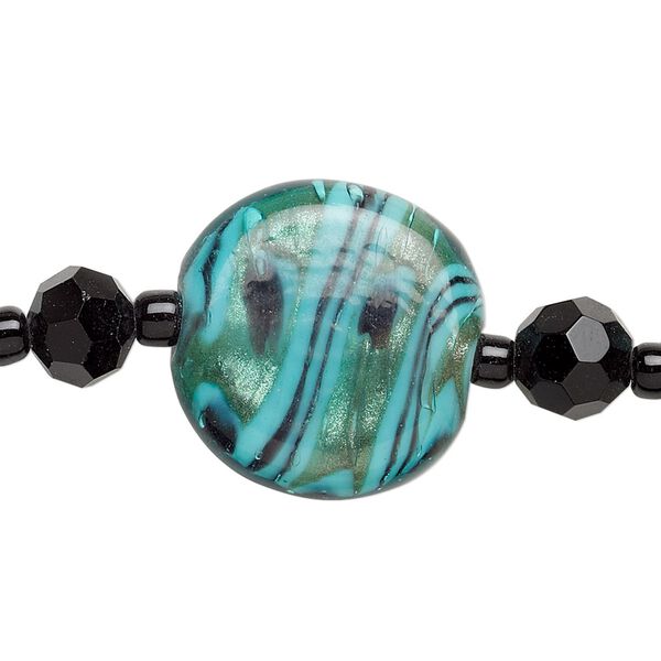 Bead, glass and lampworked glass, teal and black, 7mm faceted round / 9mm round / 21mm flat round with copper-colored glitter. Sold per 7-inch strand, approximately 25 beads. image number 0