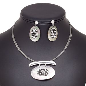 Necklace and earring set, 6-strand, black lip shell (natural) / stainless steel / antique silver-plated steel / "pewter" (zinc-based alloy), 52x39mm oval, 15" to 16" strand necklace with 2-inch extender chain and lobster claw clasp, 41mm earrings with post. Sold per set.