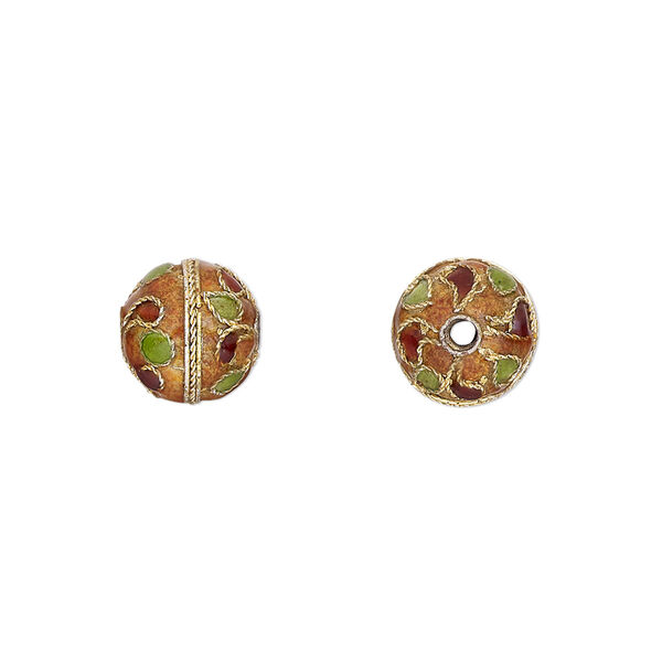 Bead, cloisonné, enamel and gold-finished copper, multicolored, 10mm round with dots and swirls design. Sold per pkg of 4. image number 0