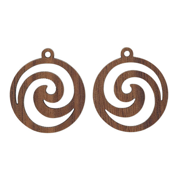 Drop, wood (natural), 19mm single-sided left- and right-facing flat round with cutout swirl design. Sold per pkg of 2. image number 0