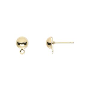 Earstud, gold-plated brass and stainless steel, 6mm half ball with closed loop. Sold per pkg of 250 pairs.