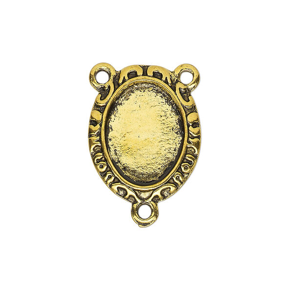 Connector, antique gold-finished "pewter" (zinc-based alloy), 21x17mm double-sided oval rosary with fancy design and 15.5x11.5mm non-calibrated oval cabochon glue-in setting. Sold per pkg of 4. image number 0