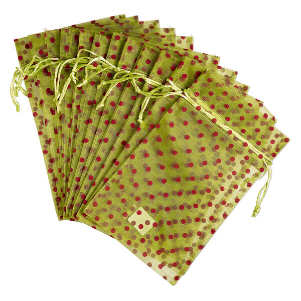 Pouch, flocked organza, green and red, 10x6 inches with dots pattern and drawstring closure. Sold per pkg of 12. image number 0