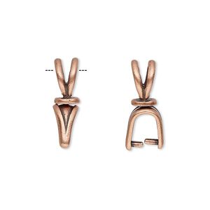 Bail, JBB Findings, ice-pick, antique copper-plated pewter (tin-based alloy), 19x5mm double-sided shield with lines and swivel, 6mm grip length. Sold individually.