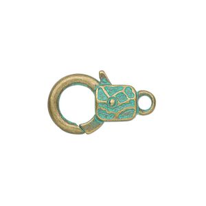 Clasp lobster claw 1pkg8 brass-plated / patina "pewter" (zinc alloy), 19.5x13mm double-sided, green antique 1-strand
