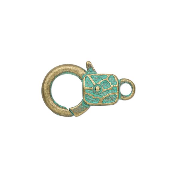 Clasp, lobster claw, antique brass-plated "pewter" (zinc-based alloy), green patina, 19.5x13mm double-sided with textured design. Sold per pkg of 8. image number 0