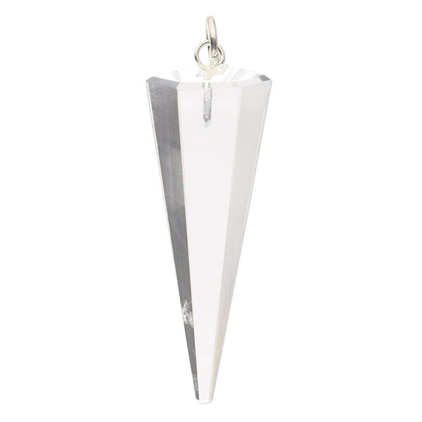 Focal, quartz crystal (natural) and silver-plated brass, 38x14mm hand-cut faceted hexagon point, B- grade, Mohs hardness 7. Sold individually. image number 0
