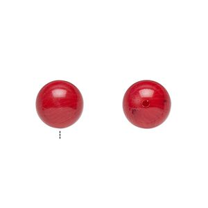Bead, bamboo coral (dyed), red, 9.5-10.5mm half-drilled round, Mohs hardness 3-1/2 to 4. Sold per pkg of 2.